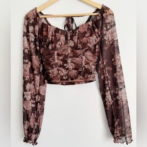 Dylan Ryan Womens Small Y2K Mesh Corset Coquette Brown Babydoll Top Cottagcore